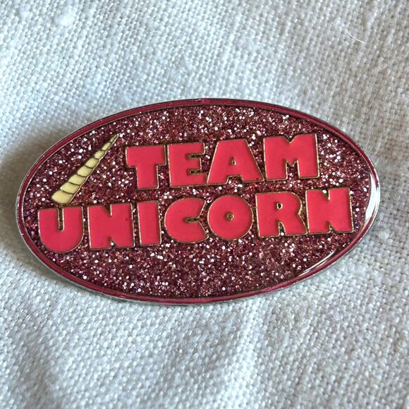 Oval Pink Team Unicorn Glitter Enamel Pin Brooch - Picture 1 of 4